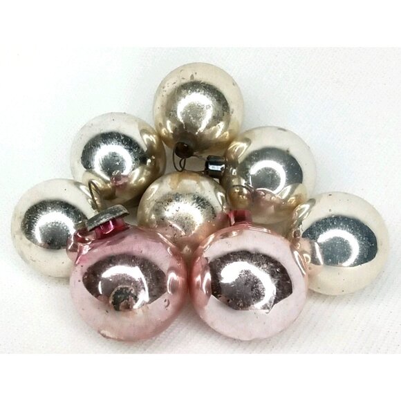 MCM Christmas Ornament Set Of 8 Feather Tree Silver Pink Glass Shiny Brite 1950s - Picture 1 of 7